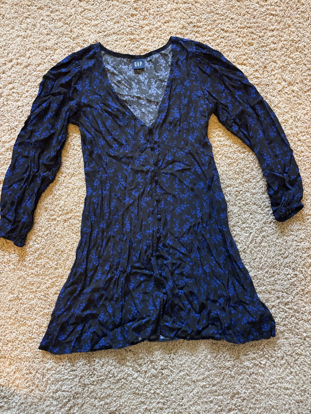 GAP Black Dress with Blue Floral Print, Long Sleeve